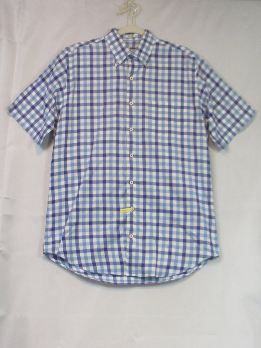 Peter Millar Mens M Plaid Button Down Shirt Blue White Short Sleeve Cotton